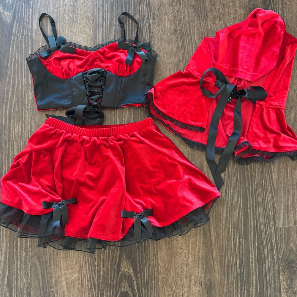 Dolls Kill Red and Black Velvet Skirt Pajama Set